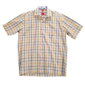 Oscar de la Renta Mens Plaid Short Sleeve Button Down Shirt Yellow Blue Size M